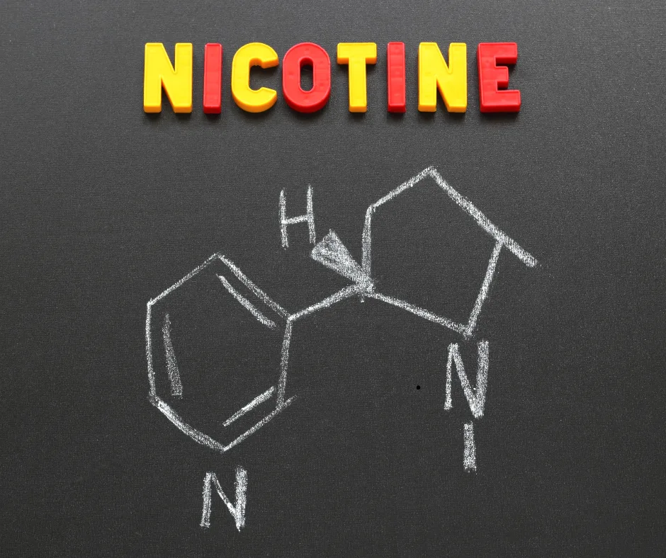 Untitled design (18) the word nicotine with the the nicotine molecule for people addicted to vaping