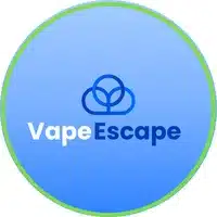logo with green circle and words vape escape in blue and symbols above
